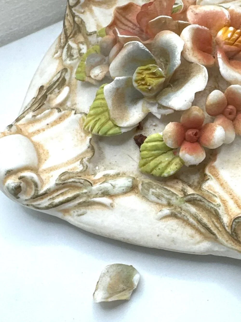 Vintage Porcelain Trinket Box Floral Lidded Footed Bisque Italian Style FLAWED